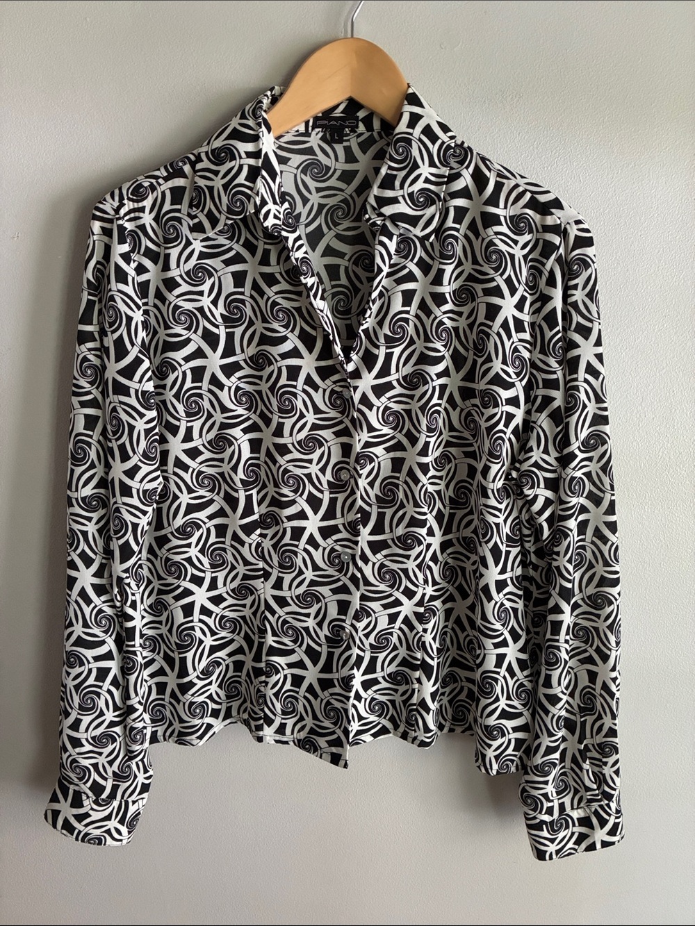 Vintage Y2K Piano Black White Abstract Swirl Button Up Blouse L